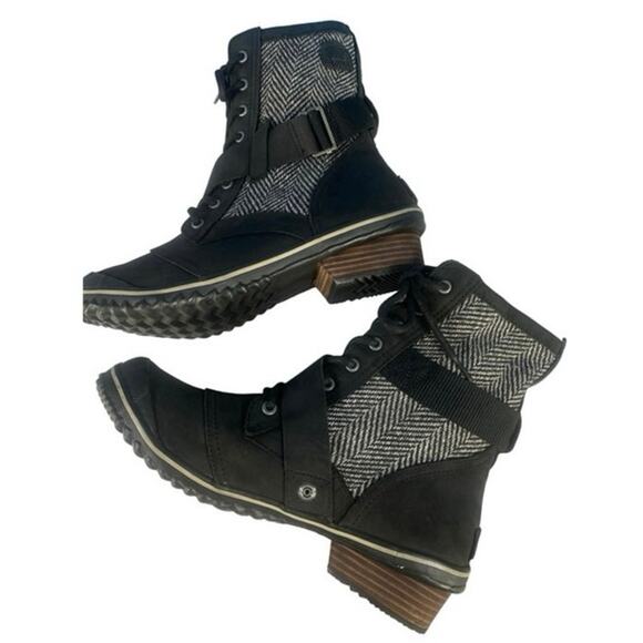 Sorel Slimboot Lace Herringbone Waterproof Boot Black Gray Stacked Heel Size 9 - Picture 1 of 12
